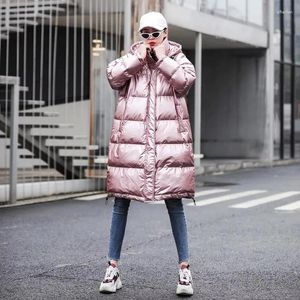 Women's Trench Coats 2024 Fashion Pink Glossy Down Padded Parka Long Winter Warm Jacket Women Thick Hooded Oversized Loose Cotton Coat