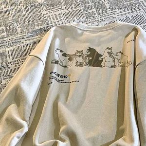 Homens camisetas Japonês em torno do pescoço pulôver tendência meninos e meninas suéteres soltos todos os jogos gato tops nova primavera e outono suéter casais góticos Q240131