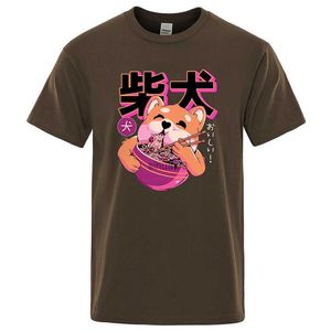 Homens camisetas Bonito Shiba Inu Comer Macarrão T-shirt Moda Algodão Tees Verão Confortável Camisetas Hip Hop Respirável Eco-Friendly Homens Tops