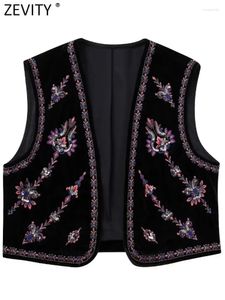 Kvinnors västar zevity kvinnor vintage paljetter blomma broderi kort sammet väst jacka damer ärmlös casure cardigan waistcoat toppar