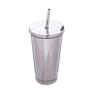 500ml Paslanmaz Çelik Vakum Yalıtımlı Tumbler Şişe Saman ve Kapak Su Kupa Cam Dış Mekan Araba - Gümüş Gül Çelik T287H