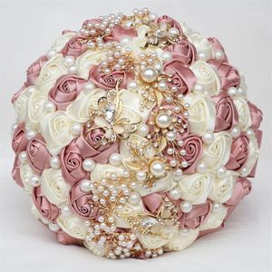 7 cores pérolas casamento nupcial rosa buquês elegante buquê da dama de honra mão segurando flores falsas ouro diamantes festa presente w322g1280g
