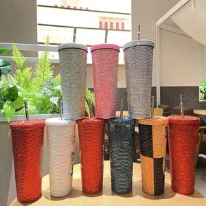 Water Bottles 500ml Stainless Steel Tumbler Thermos Bottle Car Cup Customized Logo Name DIY Diamond Coffee Mug With Straw