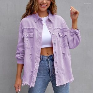 Kvinnorjackor Fashion Loose Turn-Down Collar Denim Jacketrock 2024 Kvinnor Casual Long Sleeve Tassel Solid Washed Tops