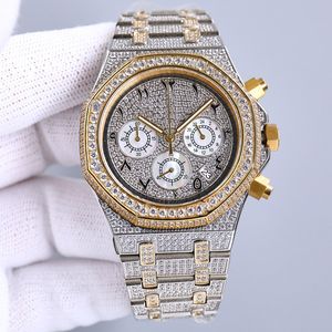 Handgjorda diamantklocka Mens Importerade kvarts Timing Movement Watches 40mm med diamantpäckt stål 904L Sapphire Lady Business Wristwatch