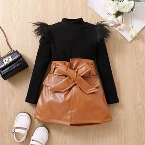 Clothing Sets 1-6Y Kids Girls Autumn Clothes Baby Feather Long Sleeve Mock Neck Ribbed Knit Tops PU Leather Skirts Children Outfits