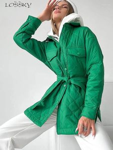 Women's Trench Coats Winter Plaid Quilted Jacket Thick Warm Belted Long Coat Vintage Green Loose Outerwear Oversize Streetwear Female 2024