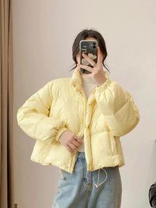 Women's Trench Coats Light Yellow Short Down Cotton Jacket 2024 Winter Standing Neck Zipper Pocket Loose Bread Coat Casual Fashion Top