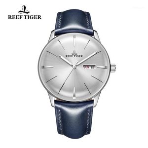 Orologi da polso 2021 Reef Tiger RT orologi eleganti da uomo cinturino in pelle blu lente convessa quadrante bianco automatico RGA82381286D