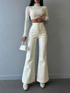 Kvinnor Pants Woman For Spring Summer Drawstring Black Pu Leather Trousers Stylish Chic Women Sexig hög midja lång flare