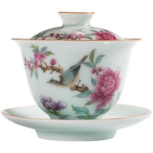 Tigela de chá grande pássaro com tampa de pires kit arte jardim pastrol cerâmica porcelana flor mestre chá tureen drinkware presente decoração para casa craf279c