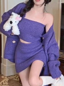 Work Dresses Purple Sexy Knitted 3 Piece Set Women Casual Elegant Party Mini Skirt Female Korean Designer Sweater Suit 2024 Autumn