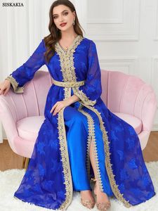 Ethnic Clothing Dresses For Women 2024 Luxury Designer Muslim Sets Floral Embroidery Guipure Lace Insert Belted Abaya Evening Long Dress