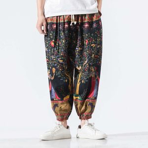 Estilo chinês masculino solto algodão e linho impresso harlan oversized moda casual leggings esportivos