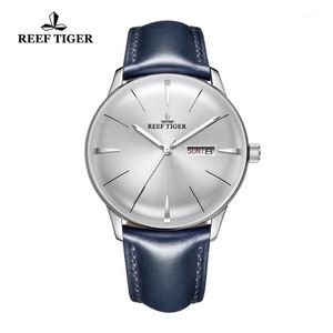 Relógios de pulso 2021 Reef Tiger RT Vestido Relógios para Homens Azul Banda De Couro Convexa Lente Branco Dial Automático RGA82381227G