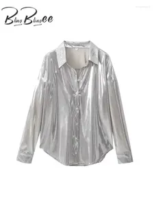 Women's Blouses BlingBlingee Silver Shiny Metallic Women Casual Blouse 2024 Spring V Neck Long Sleeve Button-Up Shirt Female Top Y2K