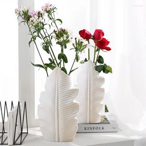 Vasos Branco Pena Cerâmica Vaso Folha Forma Flor Potenciômetro Varanda Escritório Ornamento Quarto Sala de Estar Decoração de Desktop Home