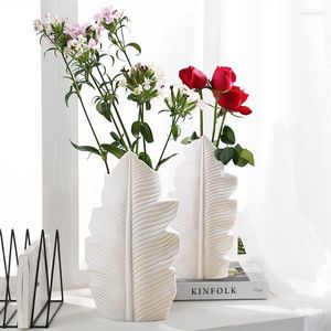 Vases White Feather Ceramic Vase Leaf Shape Flower Pot Balcony Office Ornament Bedroom Living Room Desktop Decoration Home