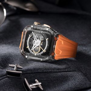 Kit Mod de luxo Transparente PC Frame Case Band Silicone Pulseira Straps Acessórios inteligentes para Apple Watch 8 7 Case Strap 45mm 44mm para iwatch Series 9 8 7 6 5 4 SE