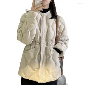 여자 트렌치 코트 겨울 중간 아래쪽 아래 면화 코트 여성 2024 패션 느슨한 허리 탄성 레이싱 재킷 포켓 지퍼 겉옷 외부웨어
