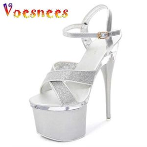 Sandaler Kvinnor Platform Ankle Strap Sandaler Sexig 18cm Ultra High Heels Fashion Nightclub Stripper Shoes Pink smalband Summer Stilettos