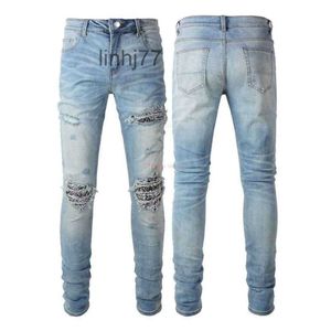 Herren-Jeans, Designer-Kleidung, Amires-Denim-Hosen, Amies High Street Fashion, Herren-Plissee-Falten, Cashew-Blumenmuster, Aufnäher, gebrochene Löcher, Hellblau, Sl