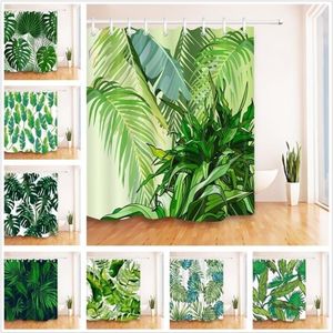 Green Leaves White Shower Curtain Tropical Jungle Bathroom Nature Waterproof Mildew Resistant Polyester Fabric For Bathtub Decor 2211n