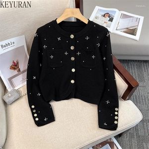 Women's Knits 2024 Autumn Winter Vintage Knitted Cardigan Sweater Women Korean Fashion Black Diamonds Beading Knitwear Tops Female Jumper