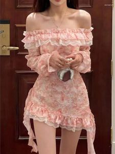 Casual Dresses Floral Kawaii Lolita Party Mini Dress Women Print Korea Style Sweet Sweet Fairy Off Shoulder Sexig Elegant Summer 2024