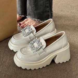 rhinestone Chunky Loafers Women Platform shoes mary janes Casual Leather Slip On Ladies shoes beige Fashion Spring College style 240129