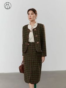 Dushu Plaid doft Kvinnor kjolar sätter läder sömmar kort ullrock lång kjol kostym retro gröna rutor kvinnor vinter jackor 240118