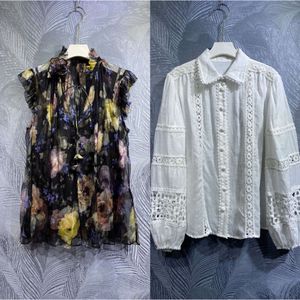 Dica-top manga de férias blusa bege para mulheres verão floral impresso preto topos camisas casuais para mulher 2024 fz0076