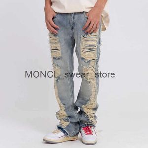 Men's Jeans Harajuku Ripped Frayed Hole Blue Washed Jeans Pants for Men and Women Pockets Streetwear Casual Baggy Denim TrousersH24131