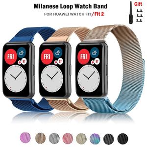 Titta på Bands Milanese Band för Huawei Fit Strap Smart Magnet Loop Stainless Steel Metal Armband 2 Tillbehör