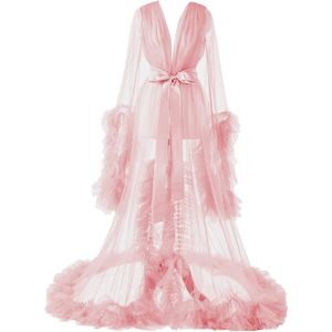 Women's Long Bridal Robes Transparent Tulle Lingerie Maternity Bathrobe Photoshoot Illusion Wedding Scarf Party Nightgown