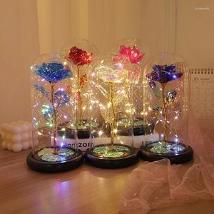 Flores decorativas eterna rosa com luz led presente do dia dos namorados para namorada folha flor em capa de vidro mães casamento