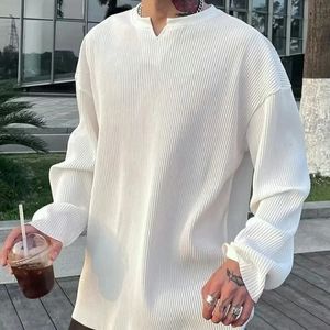 White V-neck Pleated Stripe T-shirt for Men Large Size Silky Soft Long Sleeved T-shirt Summer Loose No Ironing Bottomed Shirt 240131