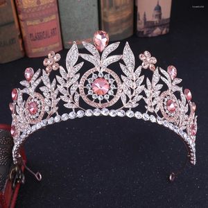 Grampos de cabelo Kmvexo folha barroca rosa cristal rosa princesa coroas de noiva para mulheres flores nobres grandes tiaras acessórios de jóias de casamento