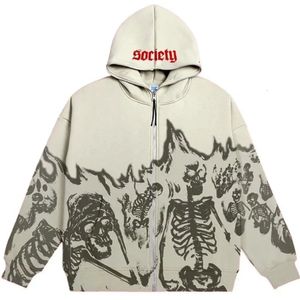 Mens Anime Skull Hoodie Womens Retro Gothic Zipper Long Sleeve Street Clothing Loose Coat Harajuku Letter Printed Hoodie Sweater 240131