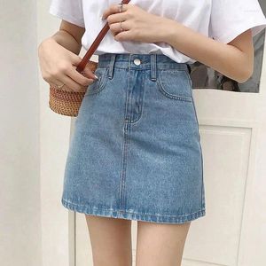 Saias Lucyever Coreano Mulheres Denim Saia 2024 Verão Cintura Alta Uma Linha Mini Feminino Casual Bolso Sólido Simples Jeans