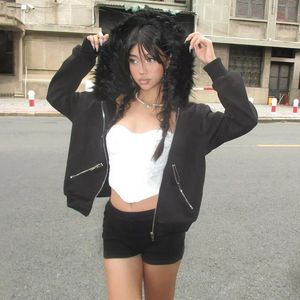 Solid fur hooded pocket zippered sports shirt fashionable street casual cardigan Harajuku style hot girl top 240131