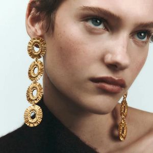 Dangle Earrings 2024 Zaテクスチャリングラウンドサークル女性用ヴィンテージパンクゴールドシルバーカラーステートメントロングイヤリングジュエリー