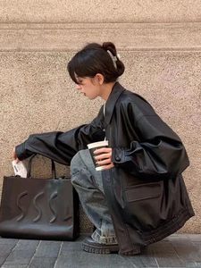Kobiety Vintage PU Kurtka moda streetwear ponadzapiemiona płaszcz amerykański styl swobodny dama swoboda luźna luźna kurtka fauxleather odzież 240131