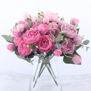 30 cmローズピンクのシルクペオン人工花の花束5つの大きな頭と4つの安価な人工花を自宅の結婚式の装飾屋内240131