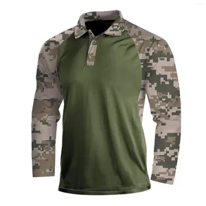 Men's T Shirts Button Neck Polo Shirt Camouflage Long Sleeves Men Hiking Combat T-Shirt Military Clothing Elastic Cloth Breathable