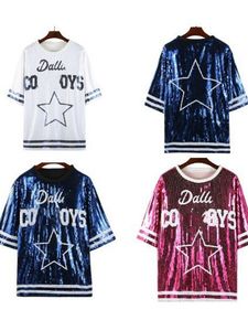 Designerski cekinowa koszula odzież Ball Ball strój cheerleaderek pentagram liter logo cekinowe krótkie rękodzie