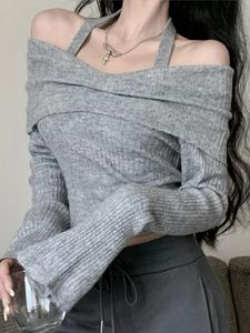 Solid Off Shoulder Sticke Women Top Halter Långärmning Slim Female Sweaters Fashion Casual Elegant Lady Pullovers 240131