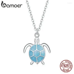 Hängen Bamoer 925 Sterling Silver Sky Blue Emamel Turtle Pendant Halsband Söt djur justerbart för kvinnor Fina smycken SCN446