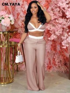 Women's Two Piece Pants CM.YAYA Fashion White Patchwork Set Bra Top And Wide Leg Straight Suit 2024 Sexy 2 Outfit Tracksuit