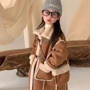 Girls Jacket Leather Winter Long Thick Warm Single Fleece Baby Kids Children Coat Outerwear 240122